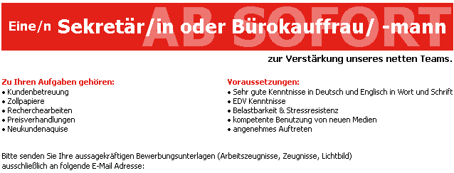Stellenanzeige Sekretärin