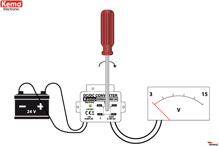 KEMO M020 Dc-Dc Spannungswandler 24V auf 12V max.1,1A 