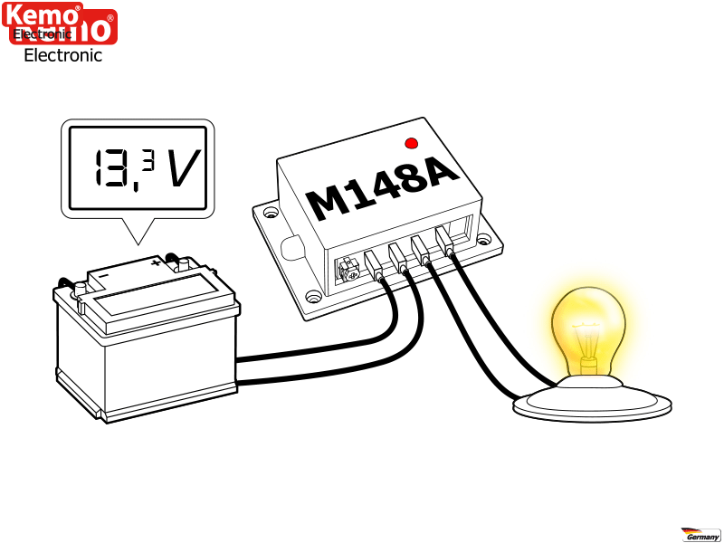 Kemo M148A Batteriewächter 12 V/DC. Schützen von Autobatterien vor  Tiefentladung. Automatisches Einschalten nach Wiederkehr normaler Spannung.  Abschaltspannung einstellbar ca. 10,4 - 13,3 V 